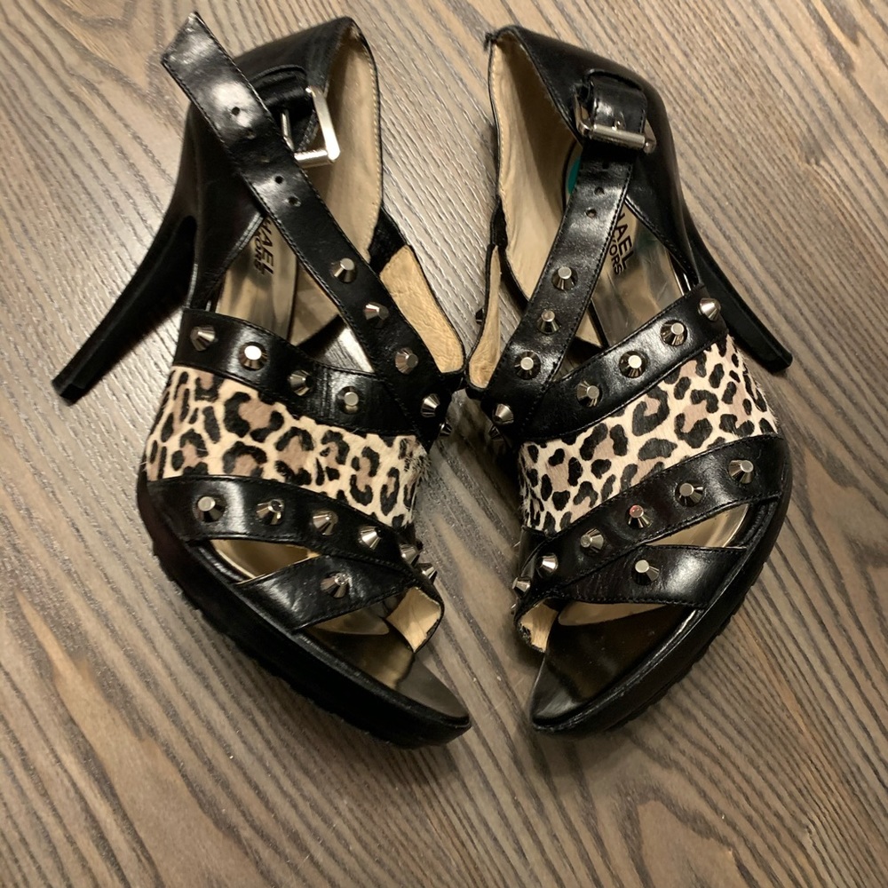 🔥 Michael Kors Sz 8 Studded Black & Leopard Open-Toe Heels- HOTHOTHOT!!! 🔥
